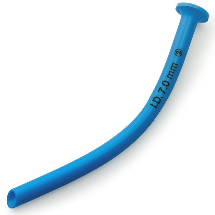 A full view of the blue Nasopharyngeal Airway device against a white background. It features a curved, flexible tube design with a flared flange at the top and a beveled tip at the bottom. The size "I.D. 7.0 mm" is printed clearly on the shaft.