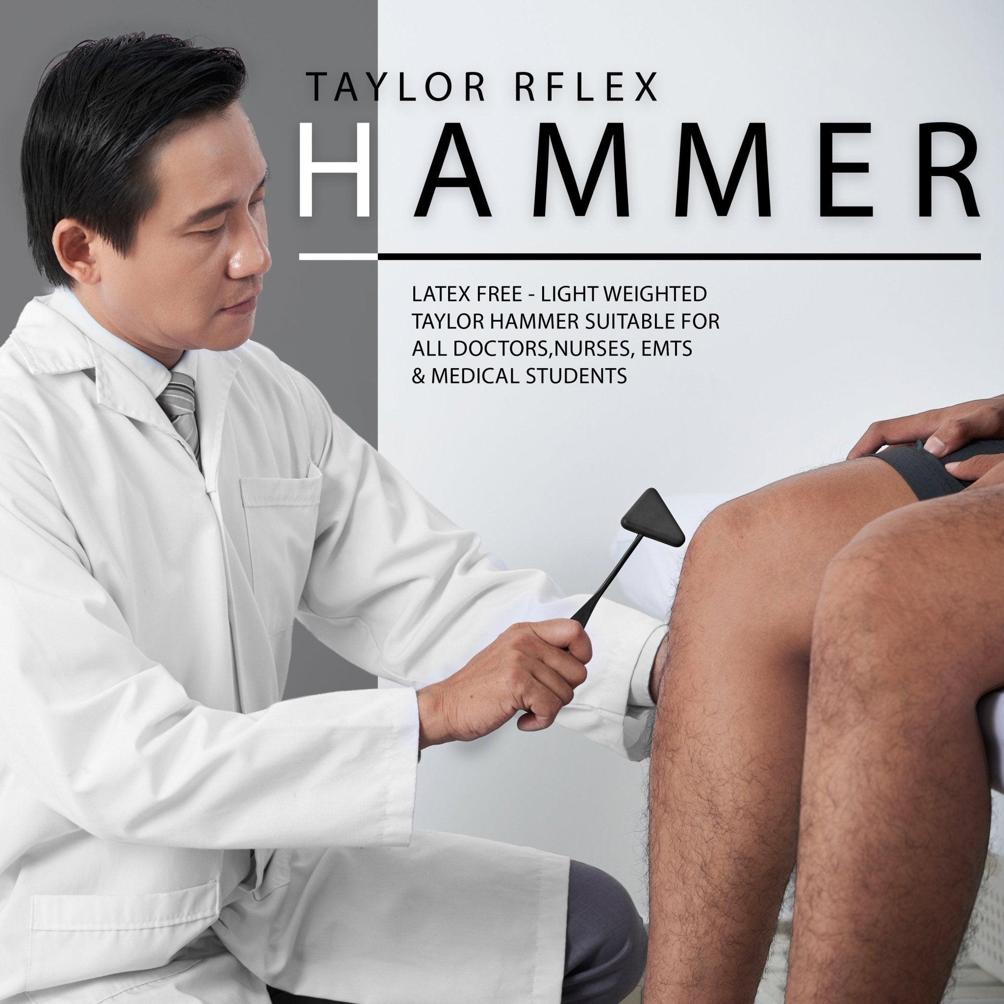 An informational graphic for a "TAYLOR REFLEX HAMMER." It shows a doctor in a white coat testing the knee reflex of a seated patient using a black triangular hammer. Text notes the tool is "Latex Free," "Light Weighted," and suitable for doctors, nurses, and students.