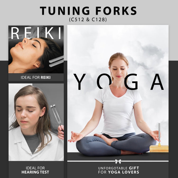 A collage titled "TUNING FORKS (C512 & C128)" showing three different applications. Top left: A woman receiving Reiki therapy. Bottom left: A doctor performing a hearing test near a patient's ear. Right: A woman meditating in a yoga pose with a tuning fork on a wooden block.