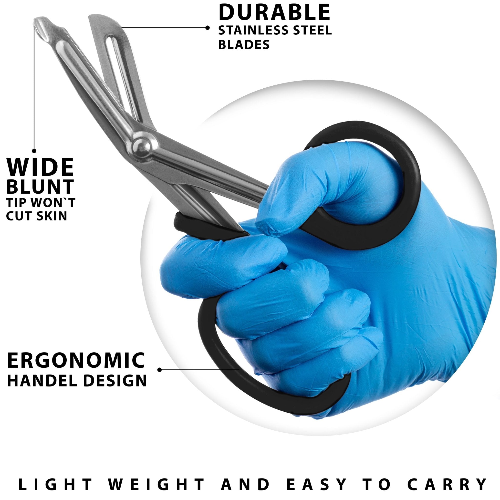 Blue gloved hand holding black trauma shears. Text points out the wide blunt tip, stainless steel blades, and ergonomic handle.