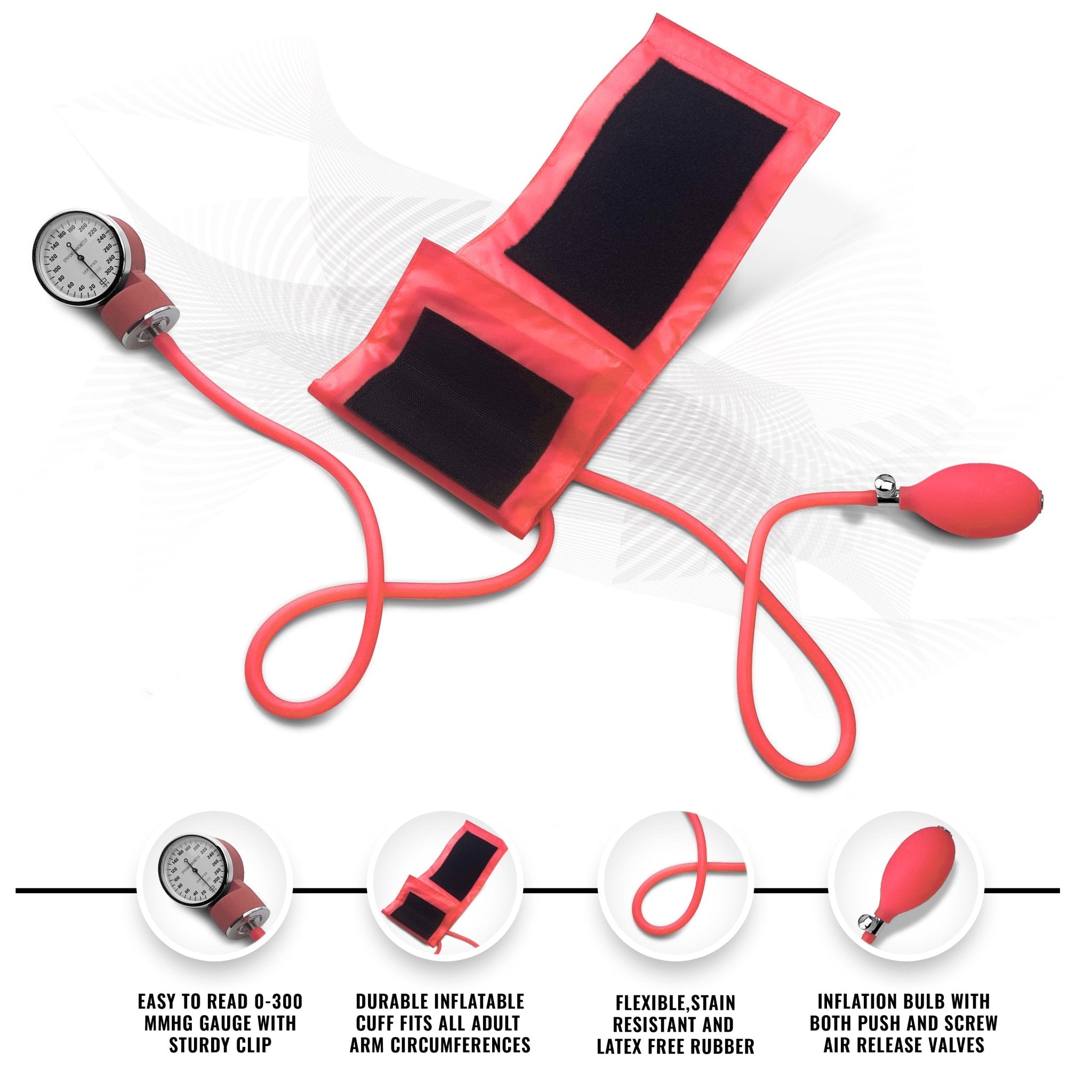 pink blood pressure monitor infographic highlighting the gauge, durable cuff, flexible tubing, and inflation bulb.