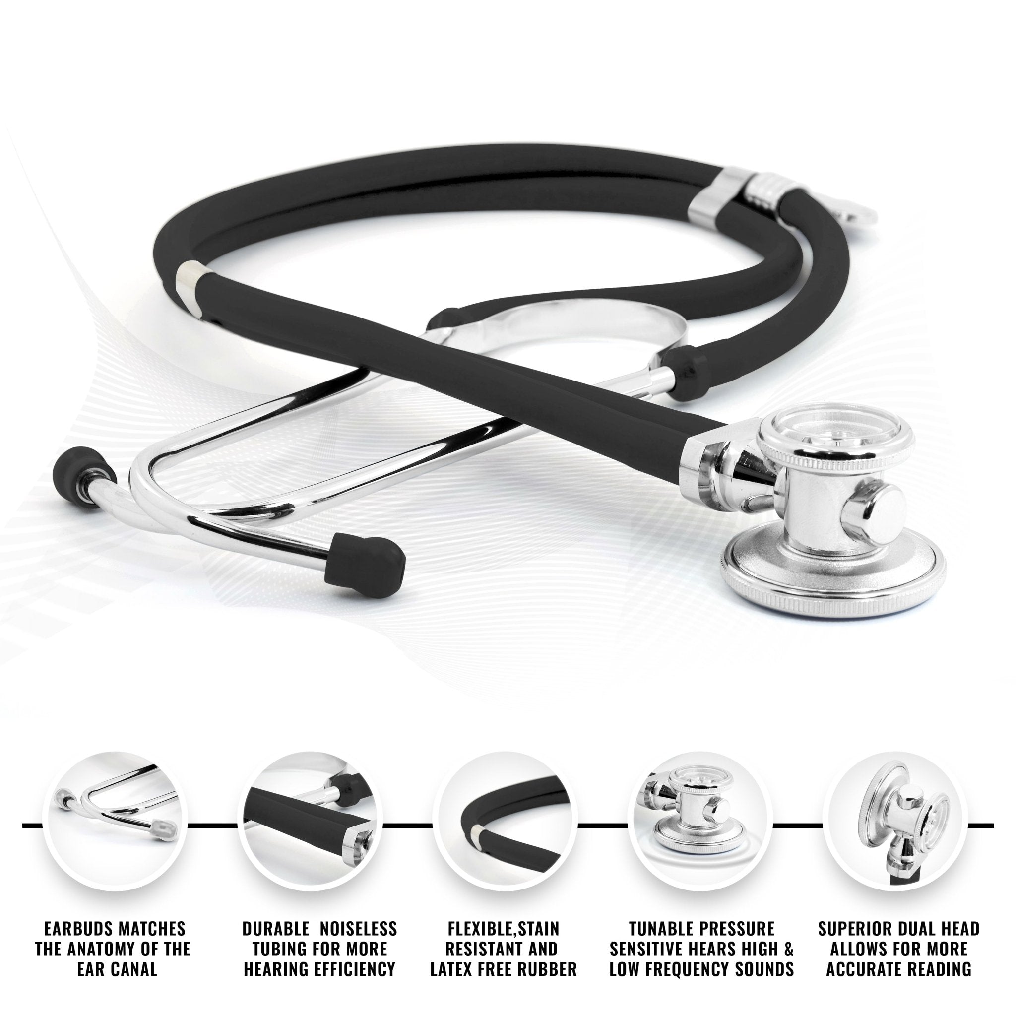 Black Stethoscope features infographic showing earbuds, tubing, flexible rubber, tunable head, and dual head.