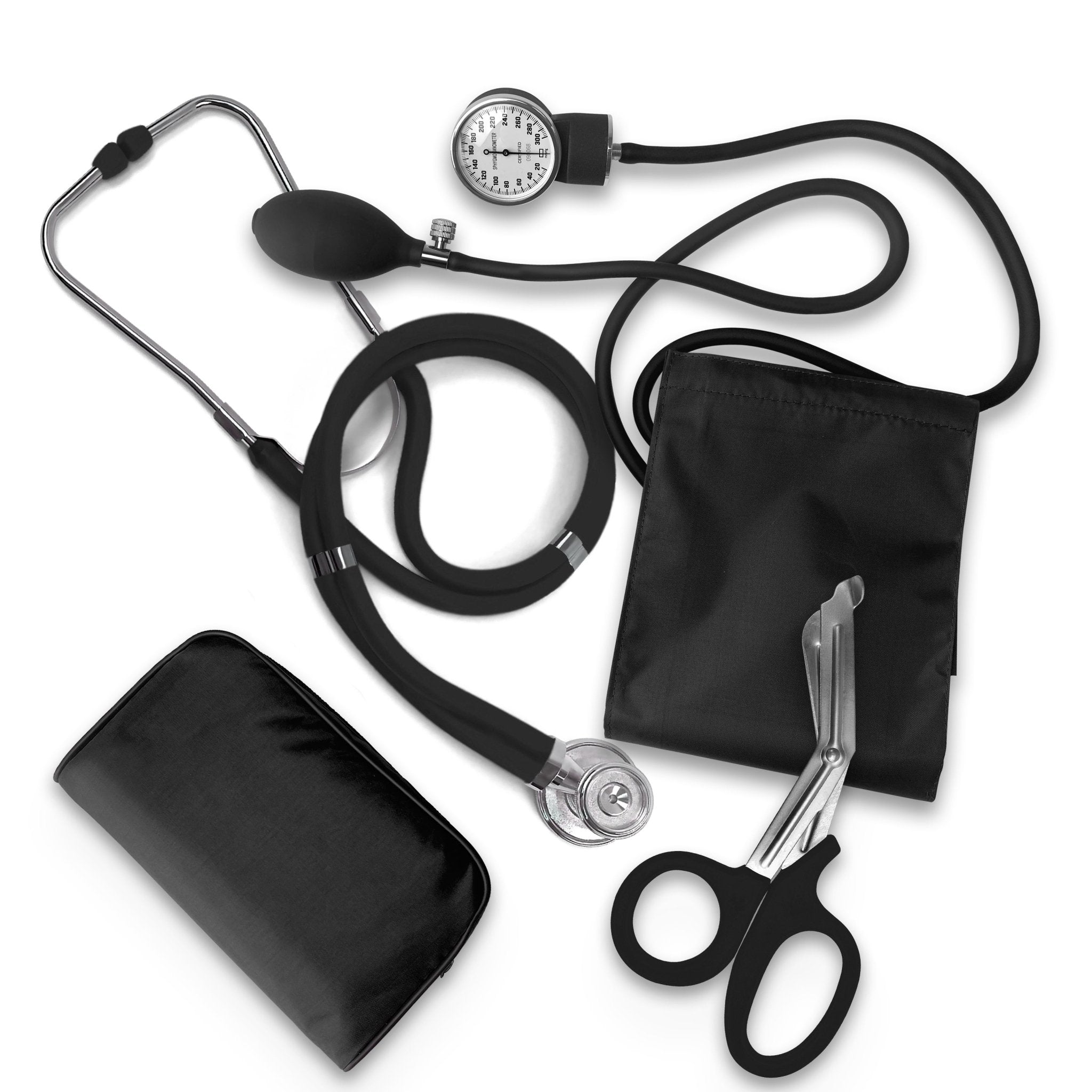 Flat lay display of black medical kit contents: black stethoscope, blood pressure cuff, trauma shears, and black soft zipper case.