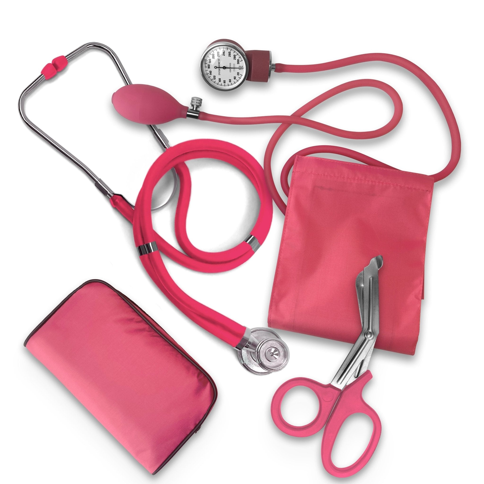Flat lay display of pink medical kit contents: pink stethoscope, blood pressure cuff, trauma shears, and pink soft zipper case.