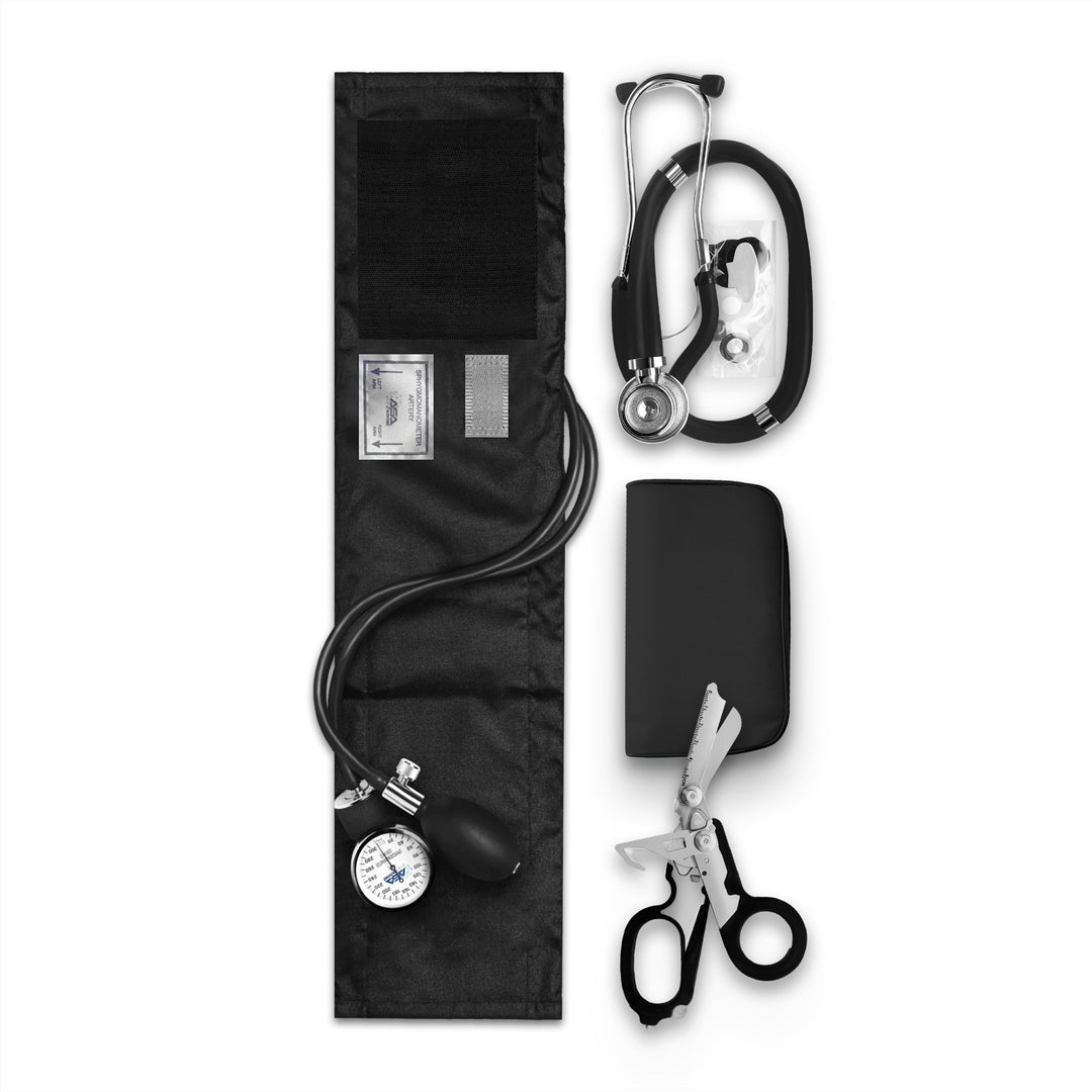 An organized flat lay of a medical kit displaying a fully unrolled black blood pressure cuff, a black stethoscope, a black zippered carrying pouch, and folded  Raptor shears.