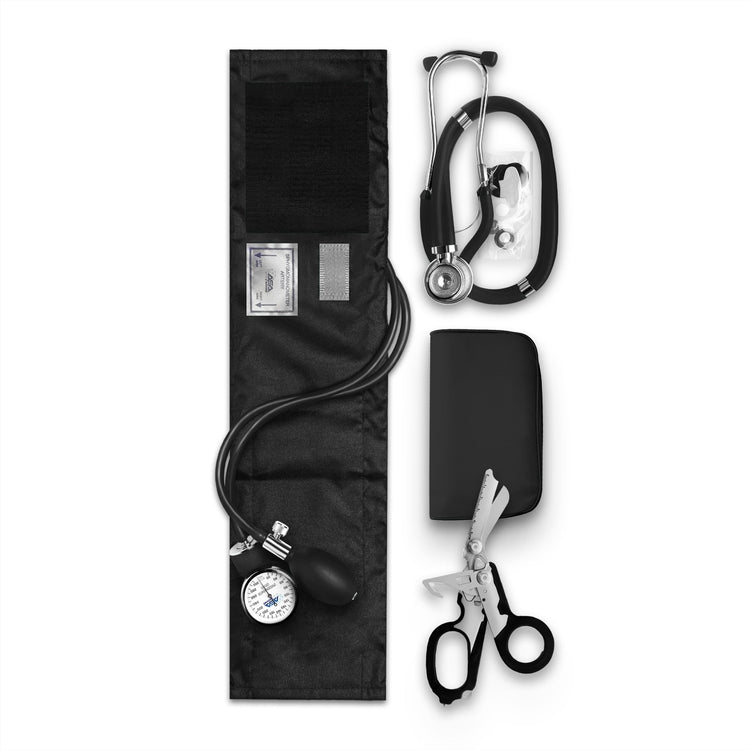 An organized flat lay of a medical kit displaying a fully unrolled black blood pressure cuff, a black stethoscope, a black zippered carrying pouch, and folded  Raptor shears.