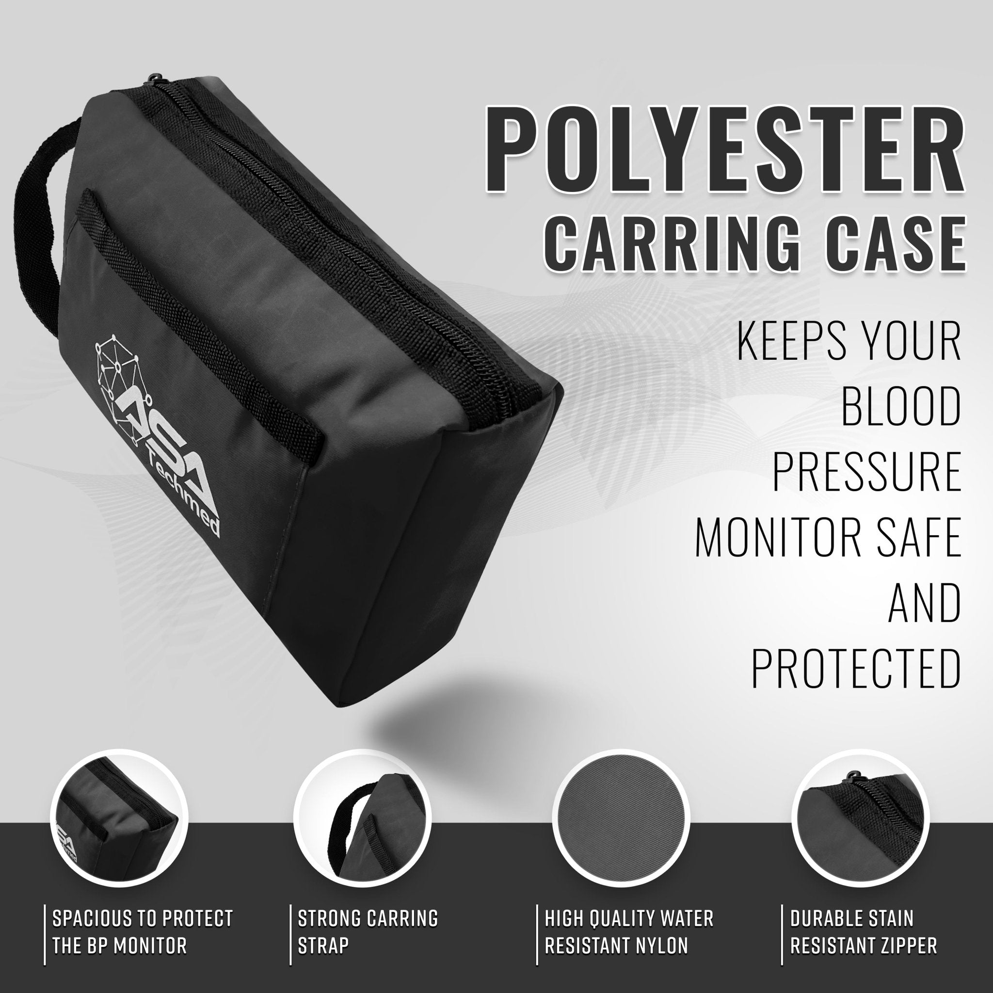An infographic for the "POLYESTER CARRYING CASE." The black rectangular bag is shown floating against a grey background. Text highlights that it "Keeps your blood pressure monitor safe and protected." Circular callouts at the bottom list features: "Spacious to protect the BP monitor," "Strong carrying strap," "High quality water resistant nylon," and "Durable stain resistant zipper."