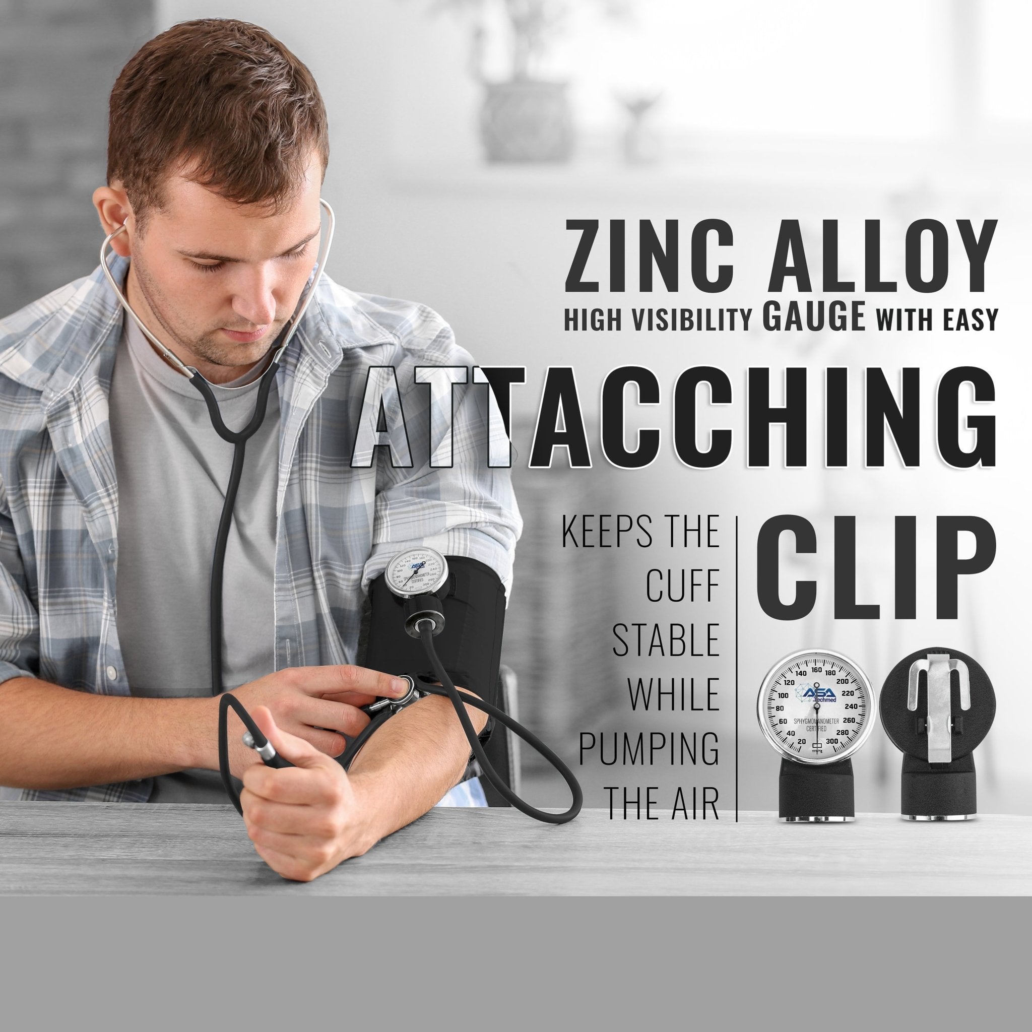 A lifestyle image showing a man performing a self-check of his blood pressure using the black kit. Text overlays highlight the "Zinc Alloy high visibility gauge with easy attaching clip" and notes that the clip "Keeps the cuff stable while pumping the air."