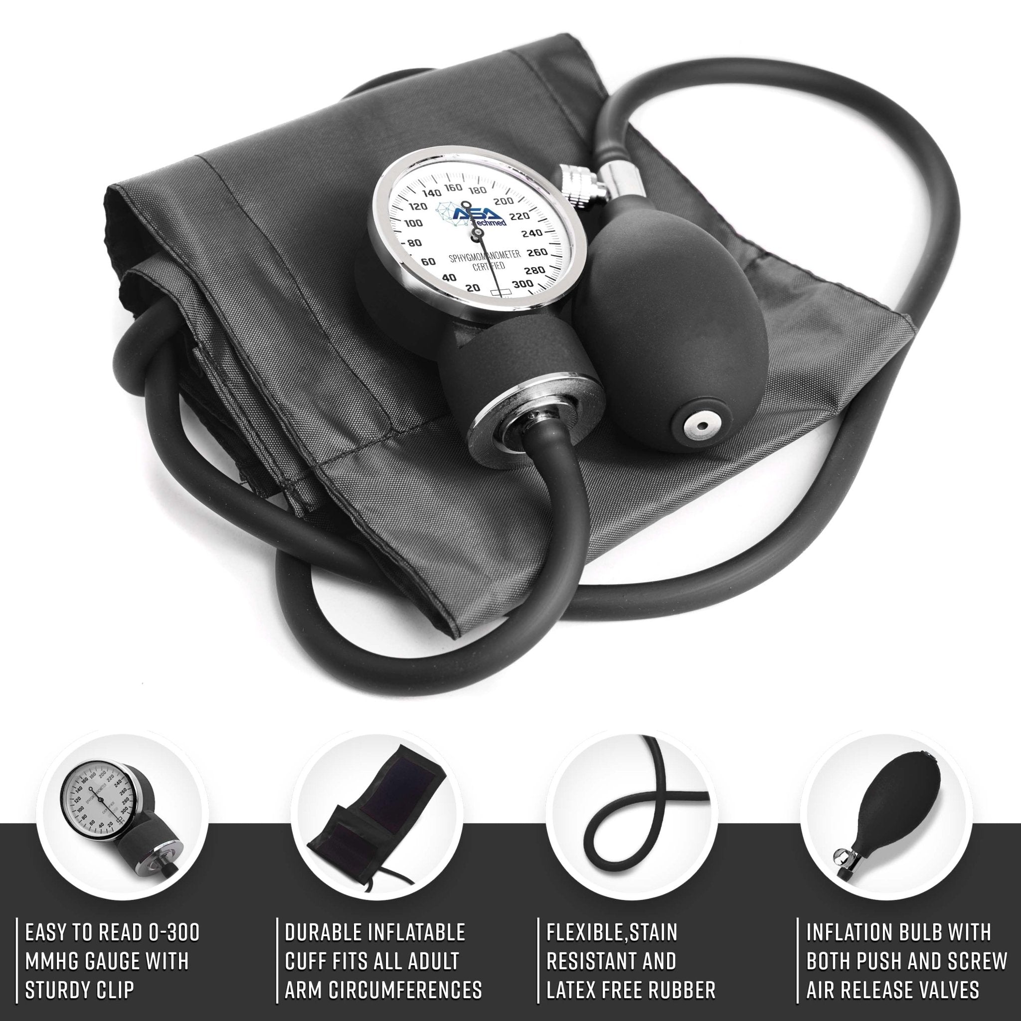 An infographic focusing on the blood pressure monitor components. The central image shows the black cuff, gauge, and inflation bulb. Bottom circles highlight specific features: an "Easy to read 0-300 mmHg gauge with sturdy clip," a "Durable inflatable cuff" that fits all adult arm circumferences, "Flexible, stain resistant and latex free rubber" tubing, and an "Inflation bulb with both push and screw air release valves."