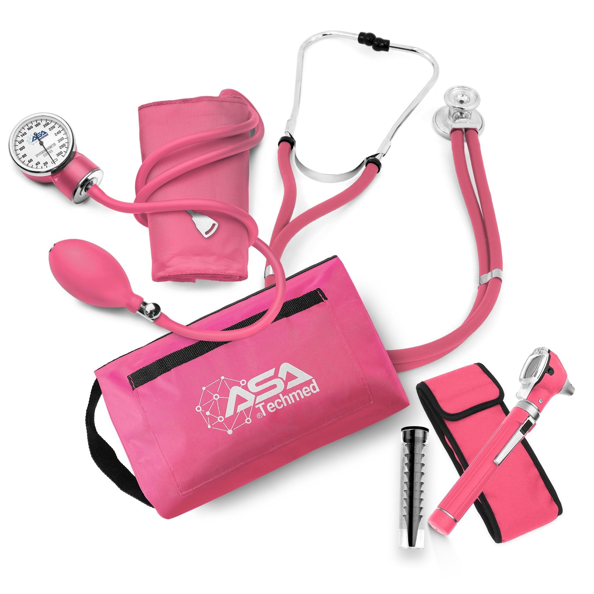 A flat-lay arrangement of the complete medical kit. The set includes a pink sphygmomanometer with cuff, gauge, and bulb, a pink Sprague Rappaport stethoscope, a matching pink zippered carrying case with the "ASA Techmed" logo, and a pink otoscope with a storage pouch and specula tube.