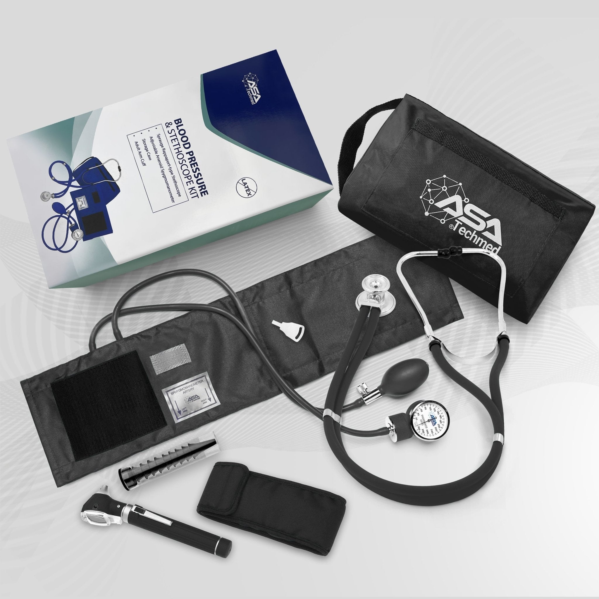 A product display showing the retail packaging box alongside the unpacked contents. The box is labeled "Blood Pressure & Stethoscope Kit" and lists contents like the stethoscope, aneroid sphygmomanometer, and storage case. The black kit components—cuff, stethoscope, otoscope, and case—are arranged neatly in front of the box.
