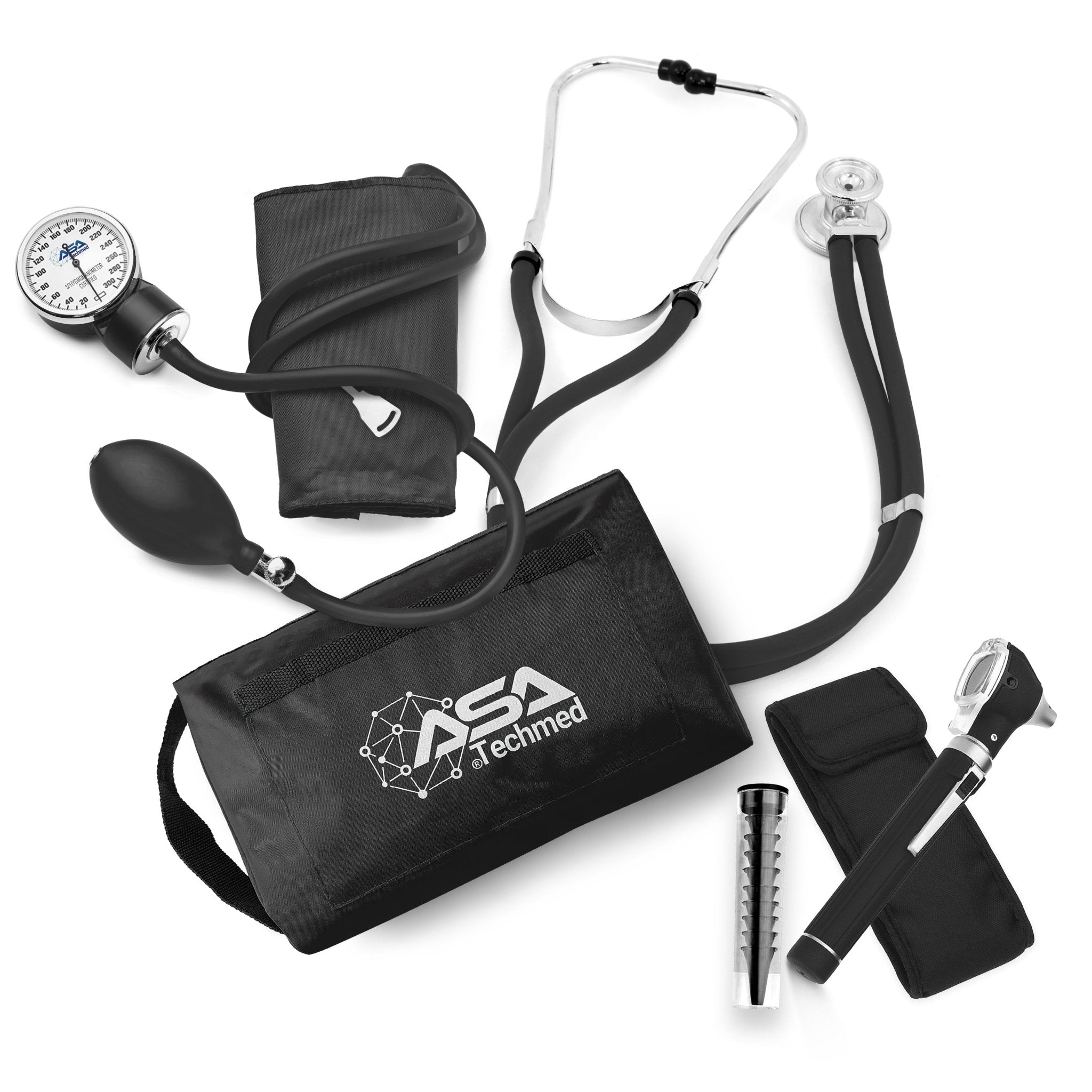 A flat-lay arrangement of the complete medical kit. The set includes a black sphygmomanometer with cuff, gauge, and bulb, a black Sprague Rappaport stethoscope, a matching red zippered carrying case with the "ASA Techmed" logo, and a black otoscope with a storage pouch and specula tube.