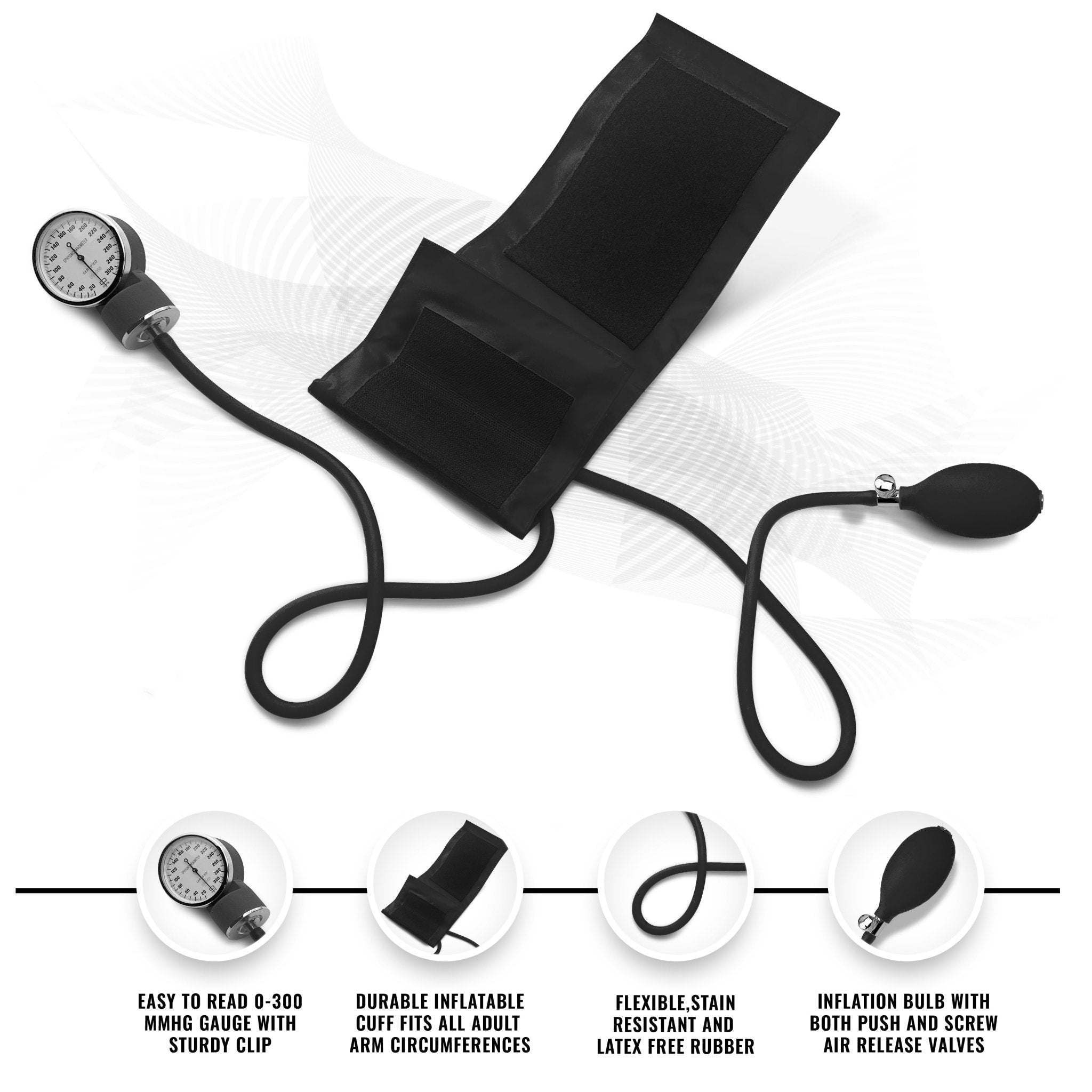 Black manual blood pressure cuff (sphygmomanometer) with gauge, tubing, and inflation bulb.