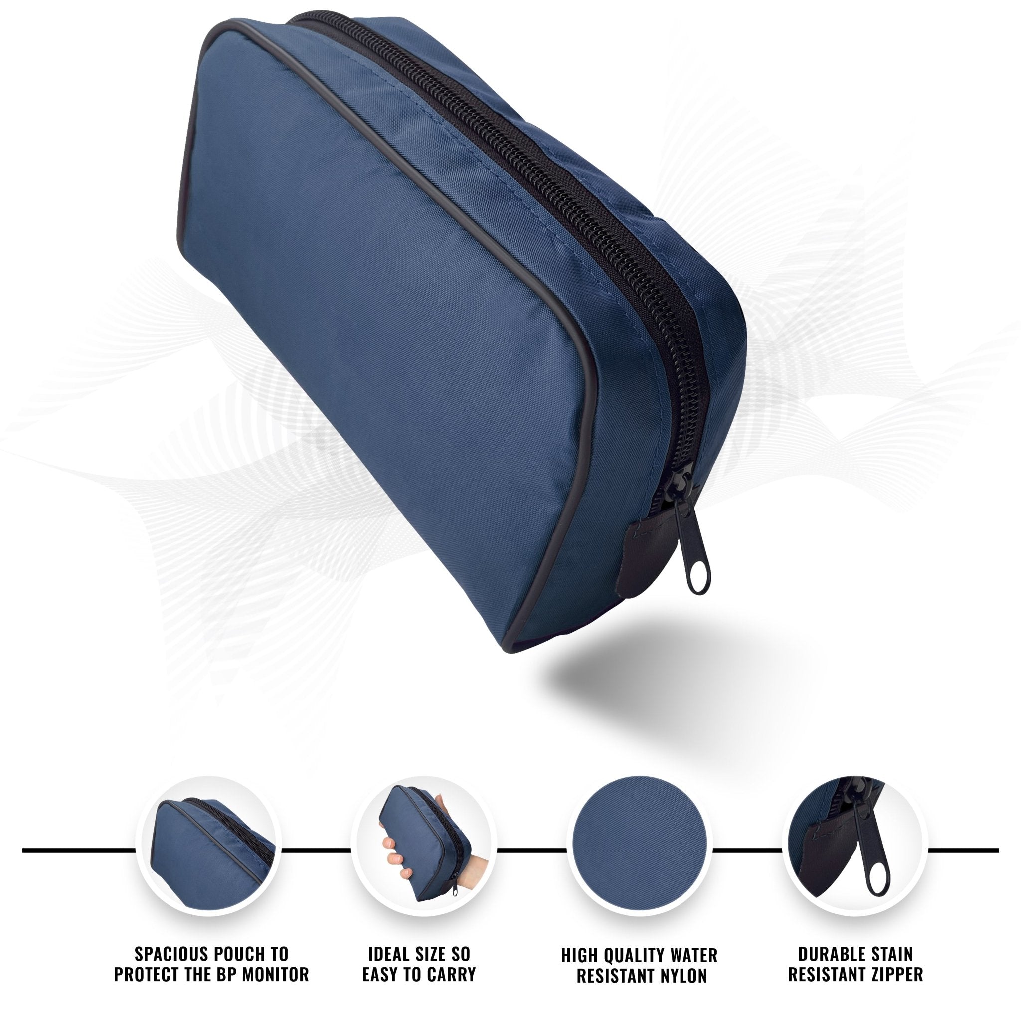 Navy blue zippered storage pouch for a blood pressure (BP) monitor.