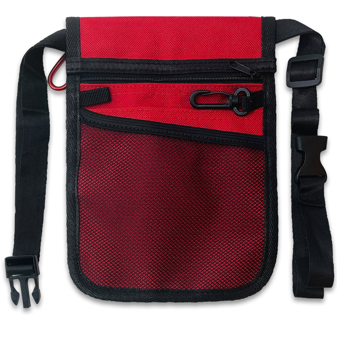 The reverse side view of the red medical pouch. This side features a large zippered compartment at the top, a mesh slip pocket below it, and a black plastic key clip. The durable black nylon waist strap is fully visible on both sides.