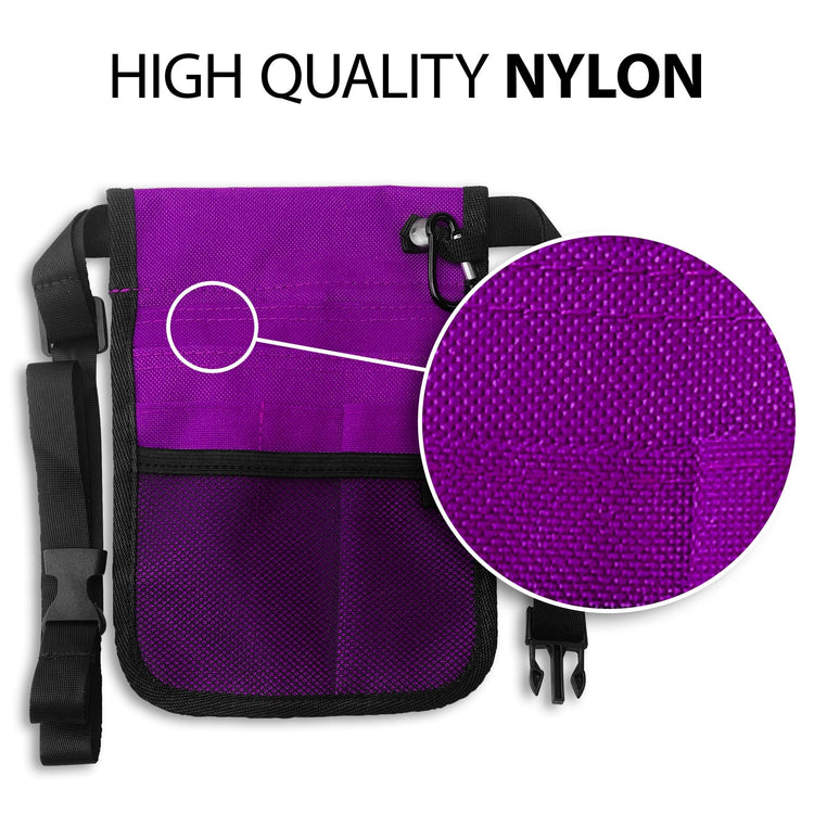 An infographic highlighting the material quality. The purple bag is shown with a large circular magnifying glass effect over the fabric, revealing a tight, durable weave. Text at the top reads "HIGH QUALITY NYLON."