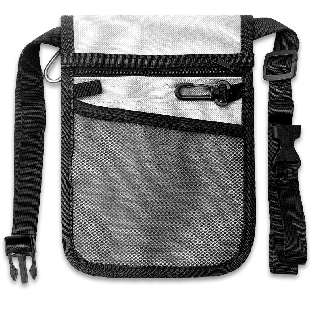 The reverse side view of the white medical pouch. This side features a large zippered compartment at the top, a mesh slip pocket below it, and a black plastic key clip. The durable black nylon waist strap is fully visible on both sides.