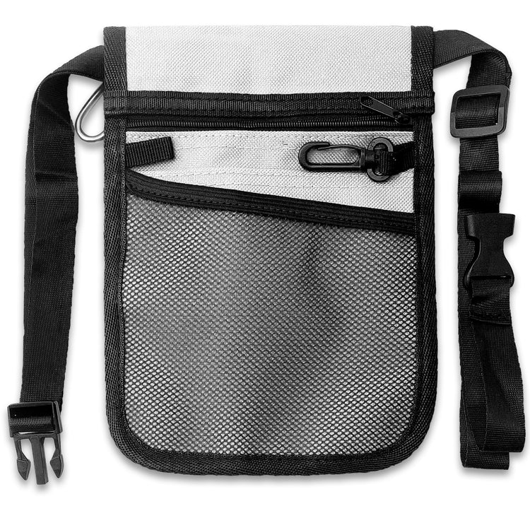 The reverse side view of the white medical pouch. This side features a large zippered compartment at the top, a mesh slip pocket below it, and a black plastic key clip. The durable black nylon waist strap is fully visible on both sides.