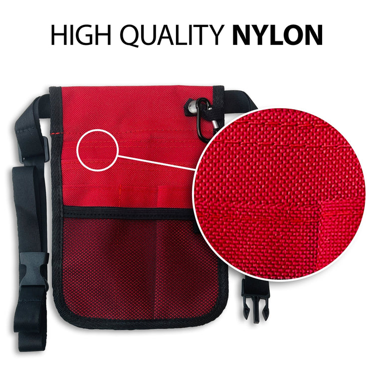 An infographic highlighting the material quality. The red bag is shown with a large circular magnifying glass effect over the fabric, revealing a tight, durable weave. Text at the top reads "HIGH QUALITY NYLON."