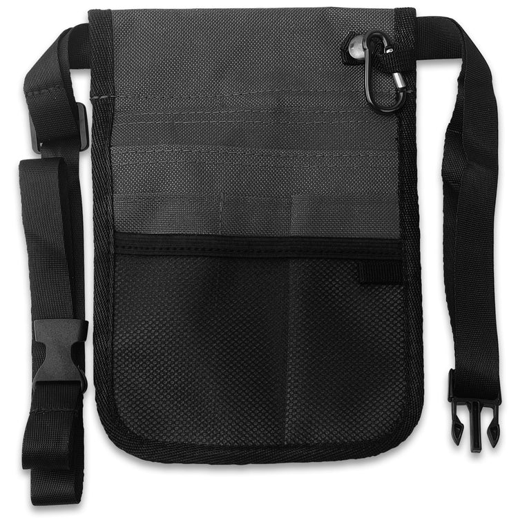 A direct front view of the gray nurse fanny pack. It features multiple storage options including a lower mesh pocket, several slip pockets for pens or tools, and a metal carabiner clip attached to the top right. A black adjustable waist strap with a plastic buckle is attached to the sides.