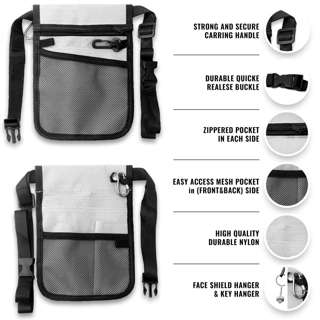 An infographic detailing the features of a white medical organizer belt. The front and back views are shown with lines pointing to specific components: "Strong and secure carrying handle," "Durable quick release buckle," "Zippered pocket in each side," "Easy access mesh pocket in (front & back) side," "High quality durable nylon," and a "Face shield hanger & key hanger" with a carabiner clip.