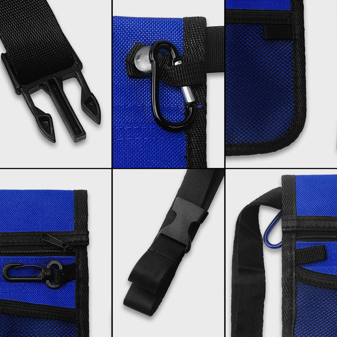 A six-panel collage showing close-up details of the organizer's construction. Images include the heavy-duty plastic buckle, the metal carabiner clip, the stitching on the mesh pocket, the zipper pull, the strap adjustment slider, and the reinforced fabric loops.