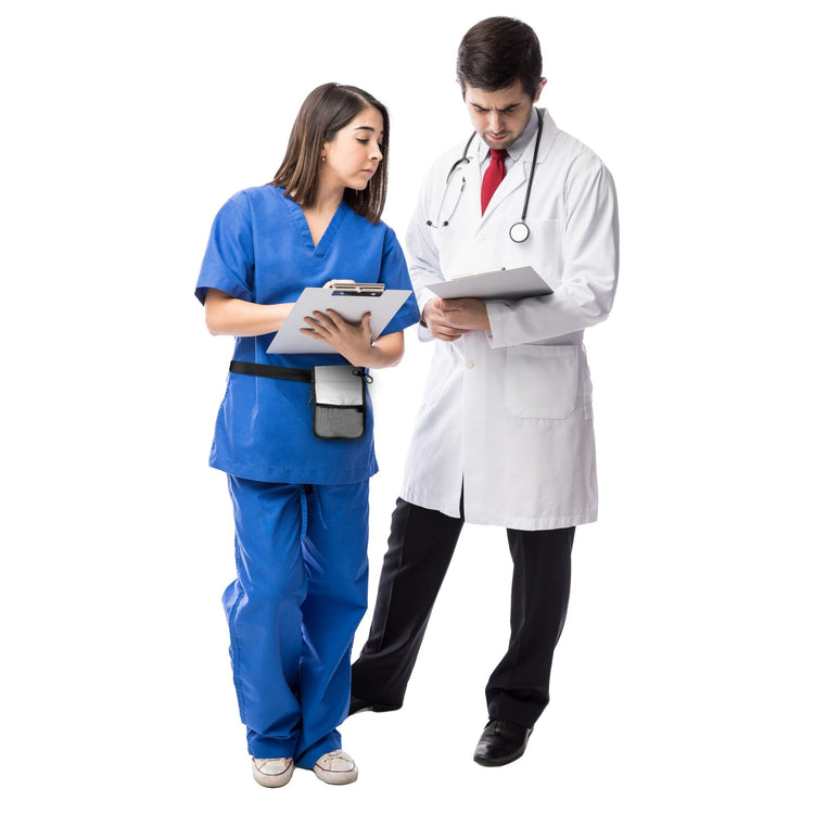 A lifestyle image featuring two medical professionals. A female nurse in blue scrubs is wearing the white organizer belt around her waist while reviewing a clipboard with a male doctor in a white coat.