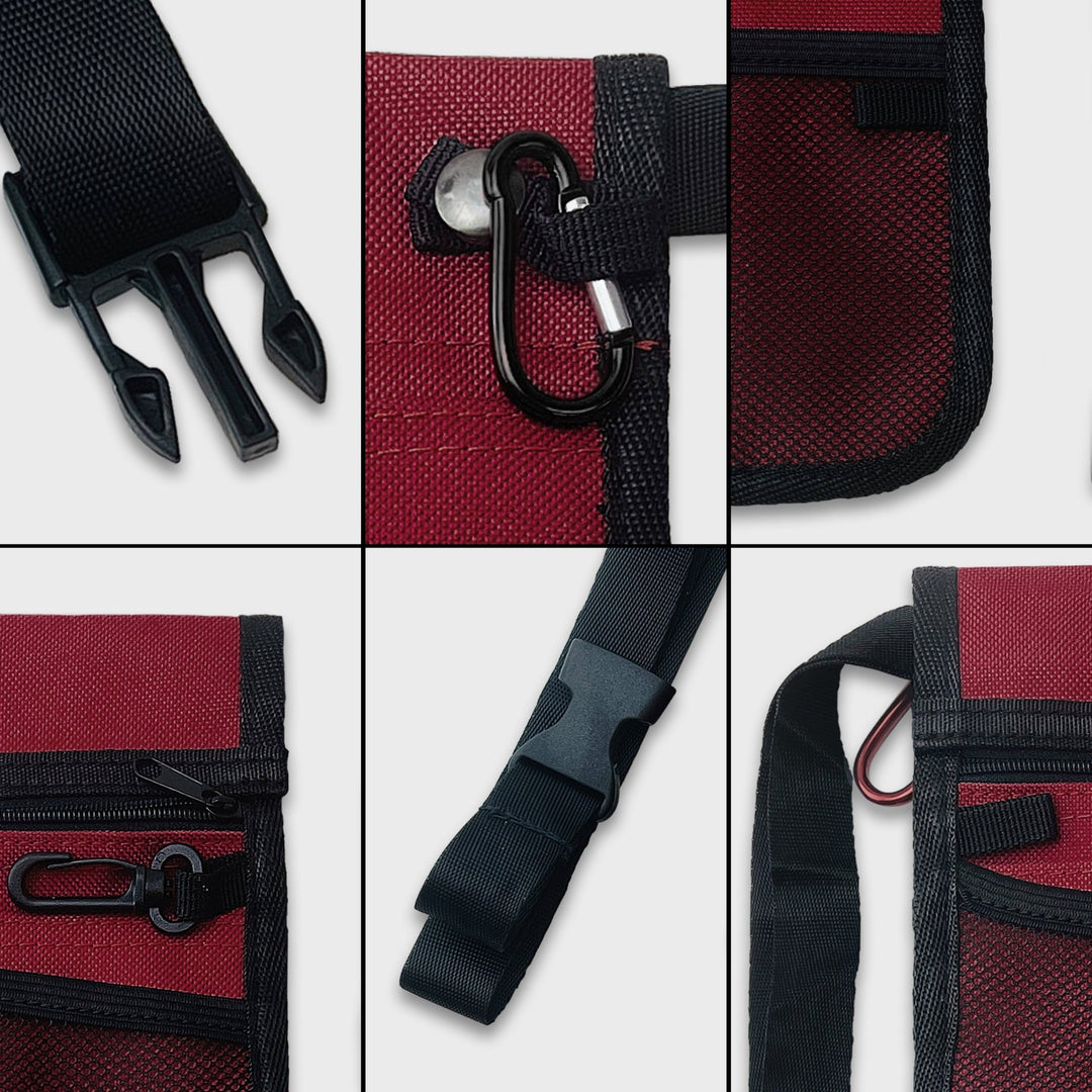 A six-panel collage showing close-up details of the organizer's construction. Images include the heavy-duty plastic buckle, the metal carabiner clip, the stitching on the mesh pocket, the zipper pull, the strap adjustment slider, and the reinforced fabric loops.