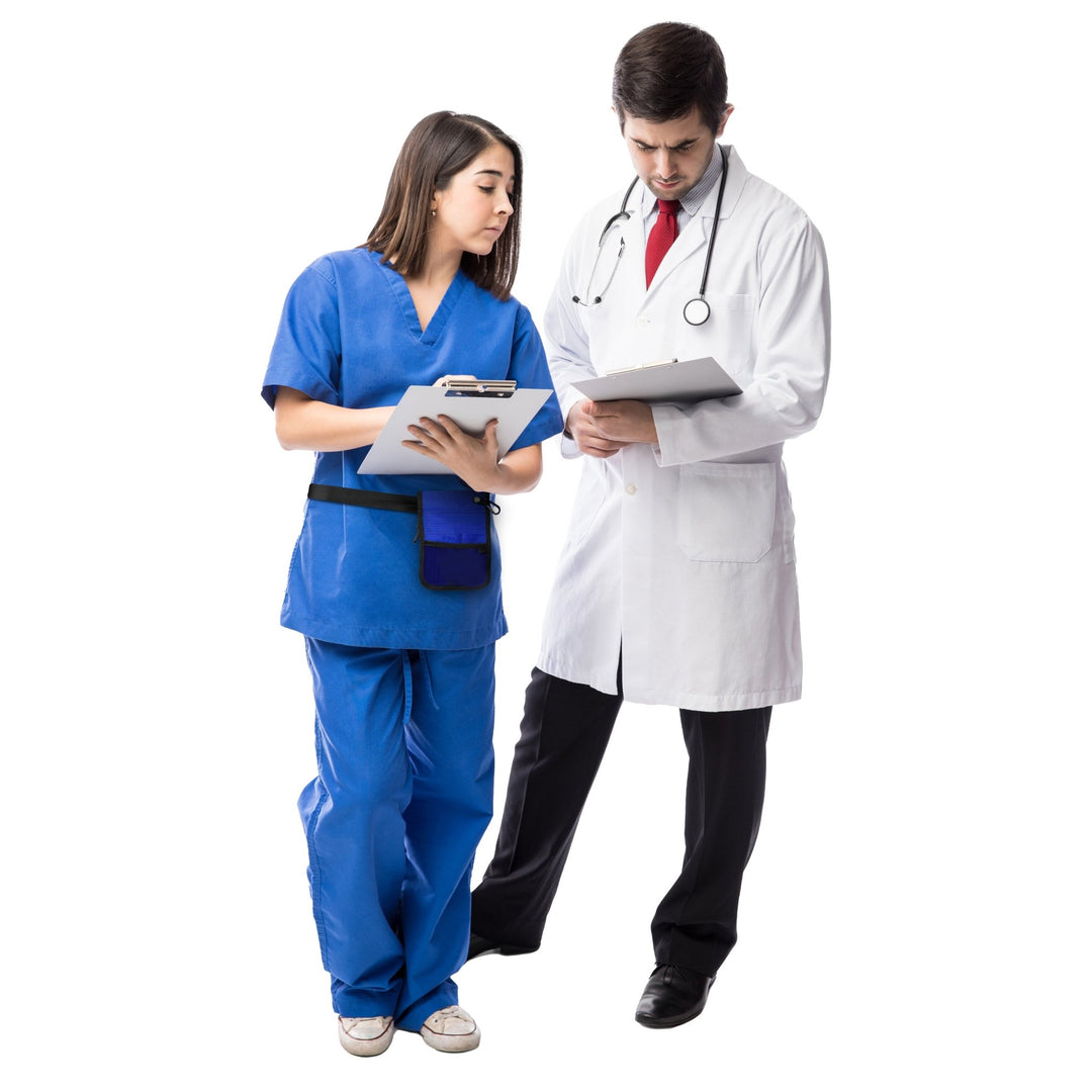 A lifestyle image featuring two medical professionals. A female nurse in blue scrubs is wearing the blue organizer belt around her waist while reviewing a clipboard with a male doctor in a white coat.
