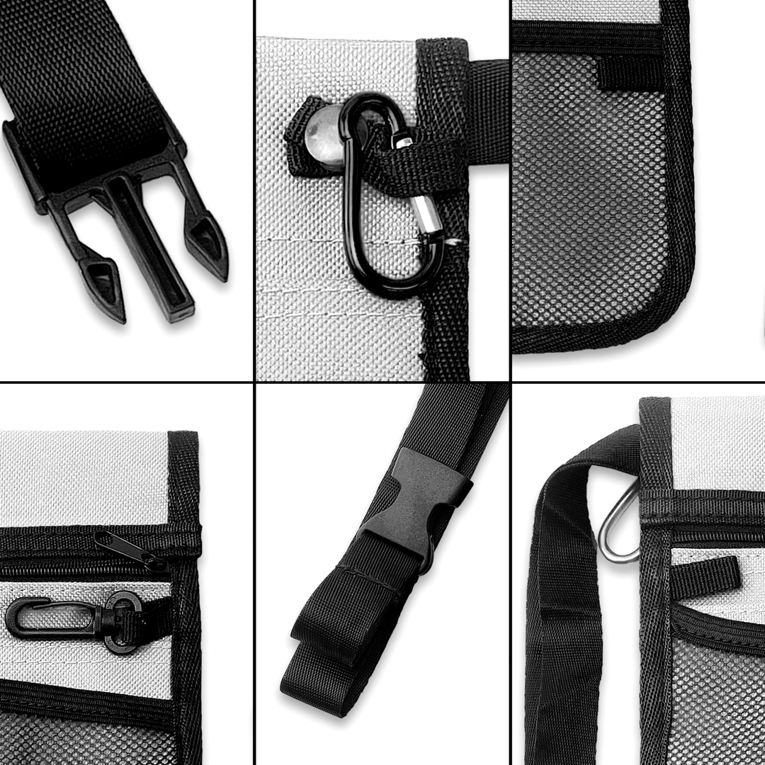A six-panel collage showing close-up details of the organizer's construction. Images include the heavy-duty plastic buckle, the metal carabiner clip, the stitching on the mesh pocket, the zipper pull, the strap adjustment slider, and the reinforced fabric loops.