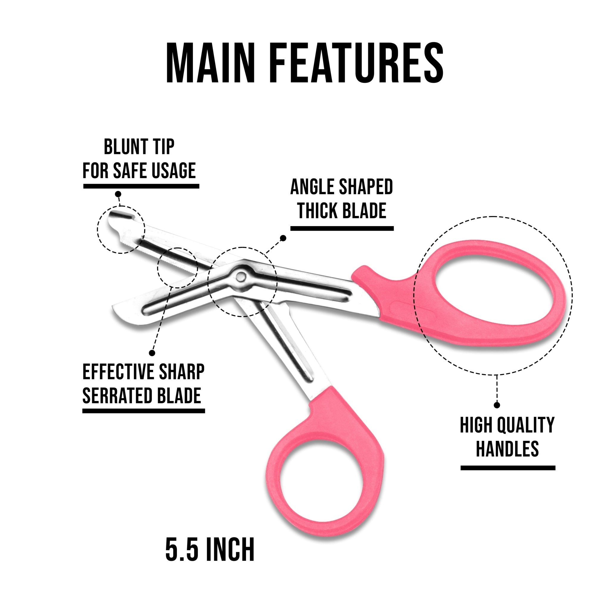 An infographic titled "MAIN FEATURES" for pink bandage scissors. The 5.5-inch shears are shown open. Circular callouts highlight the "Blunt tip for safe usage," "Angle shaped thick blade," "Effective sharp serrated blade," and "High quality handles."
