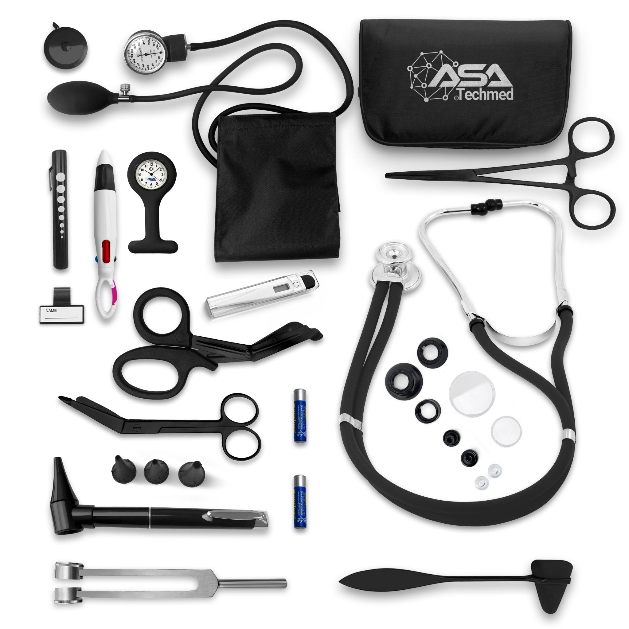 A comprehensive flat-lay display of an all-black medical student starter kit. The set includes a sphygmomanometer with cuff, a dual-head Sprague Rappaport stethoscope, an otoscope with specula, a reflex hammer, a tuning fork, bandage scissors, trauma shears, a penlight, a digital thermometer, a nurse watch, and a black zippered carrying case.