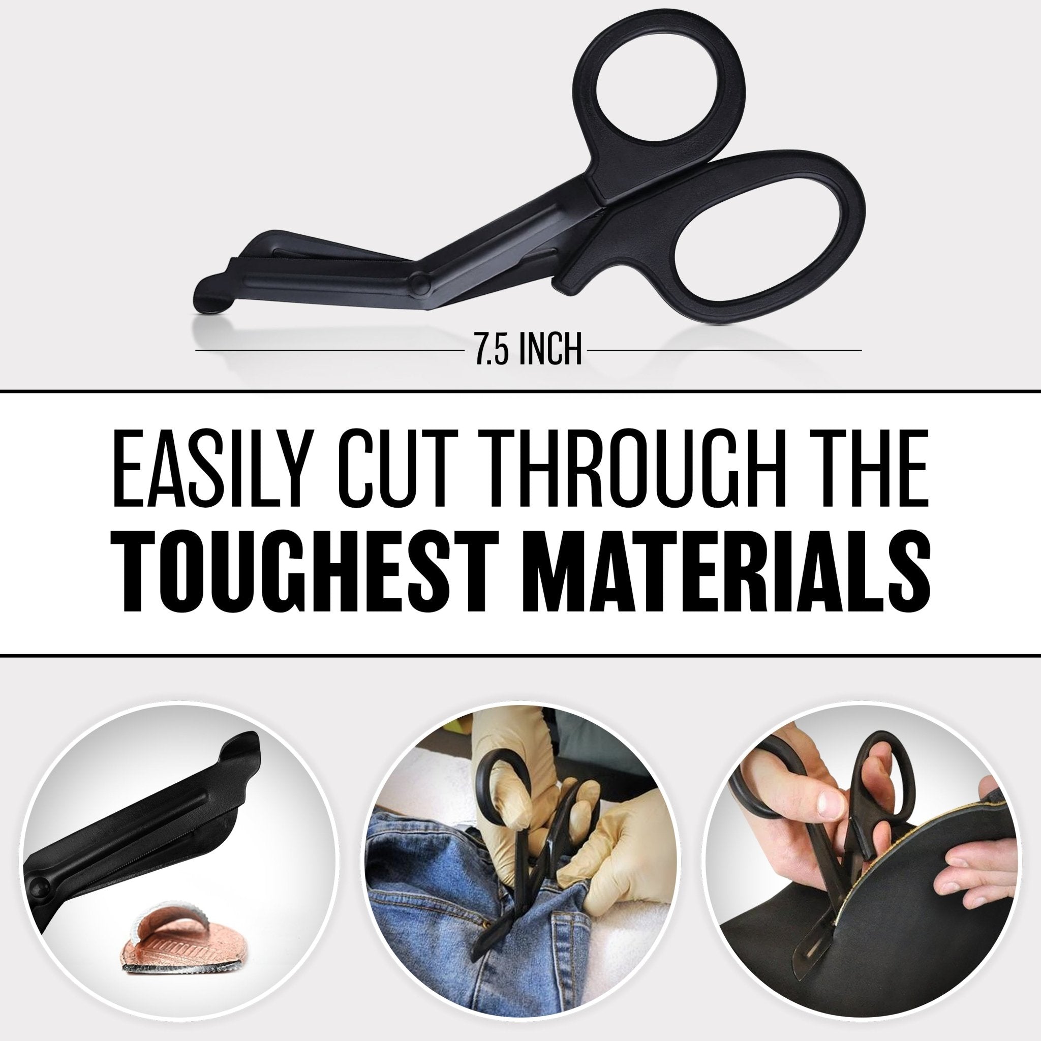 An infographic for 7.5-inch trauma shears with black handles. The main image shows the shears open, and three circular insets demonstrate them being used to "Easily cut through the toughest materials," including denim jeans and thick leather.