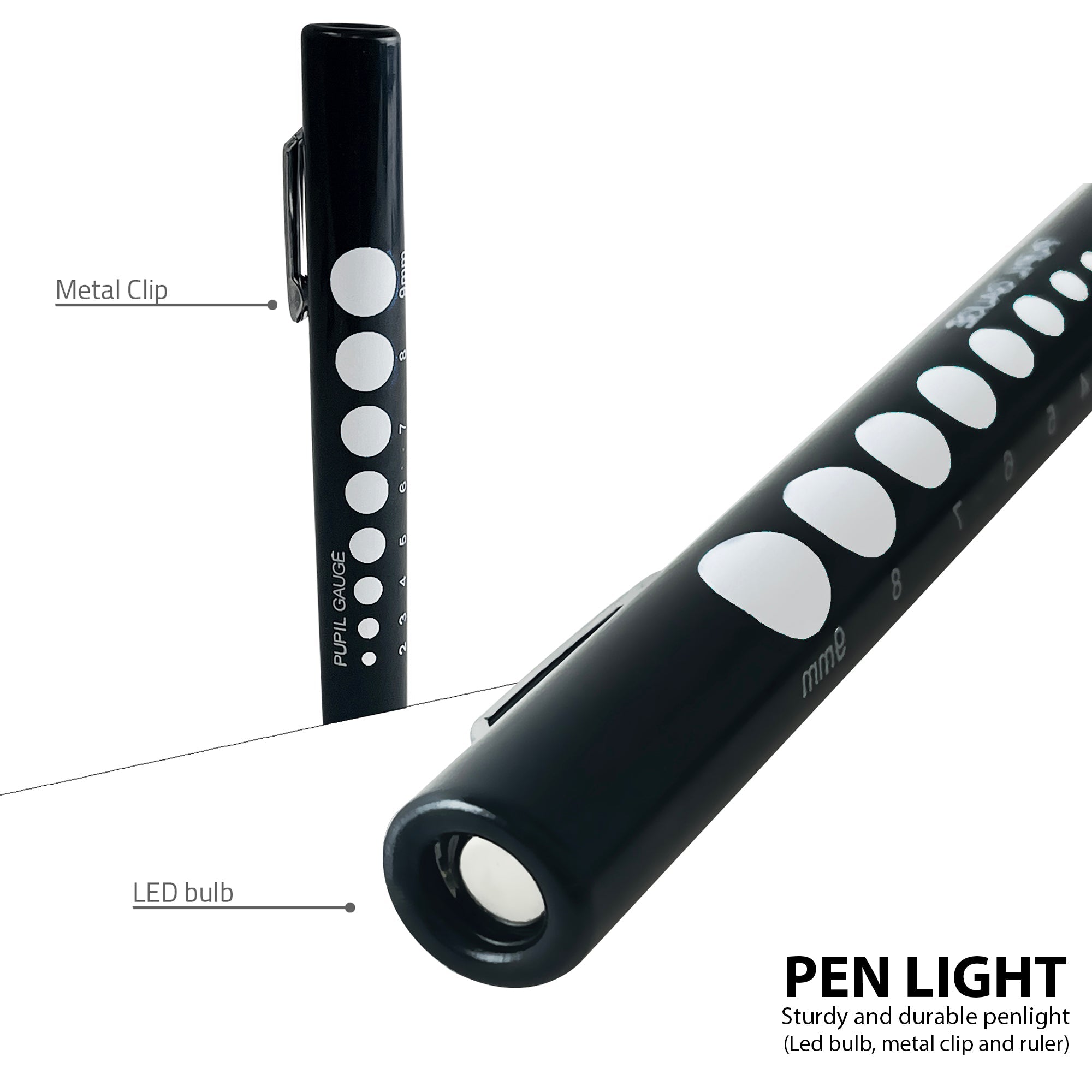 A close-up detail graphic of a black medical penlight. Lines point to the "Metal Clip" for pocket attachment and the "LED bulb" at the tip. Text describes it as a "Sturdy and durable penlight" featuring a printed pupil gauge on the side.