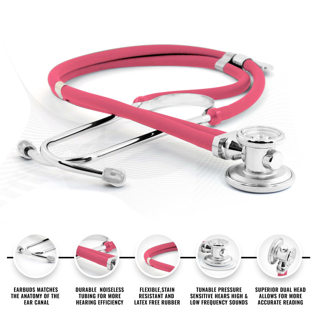 A product infographic for a pink Sprague Rappaport dual-head stethoscope showing it has a length of 31 inches. Features listed at the bottom include earbuds that match the anatomy of the ear canal, durable noiseless tubing, flexible stain-resistant and latex-free rubber, and a tunable pressure-sensitive head for hearing high and low-frequency sounds.