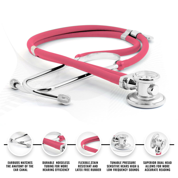 A product infographic for a pink Sprague Rappaport dual-head stethoscope showing it has a length of 31 inches. Features listed at the bottom include earbuds that match the anatomy of the ear canal, durable noiseless tubing, flexible stain-resistant and latex-free rubber, and a tunable pressure-sensitive head for hearing high and low-frequency sounds.