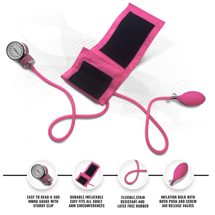 A product infographic for a pink manual blood pressure monitor. It displays the silver gauge, pink cuff, and pink inflation bulb. Key features noted at the bottom include an easy-to-read 0-300 mmHg gauge with a sturdy clip, an adult-sized inflatable cuff, and a bulb with push and screw air release valves.