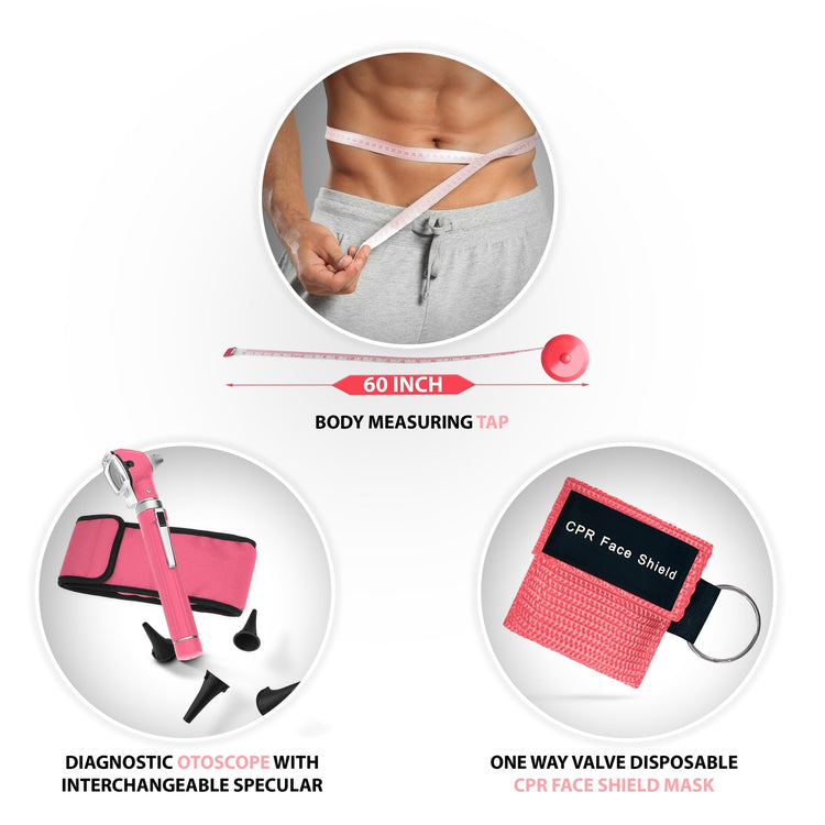 An infographic featuring three additional pink medical tools: a 60-inch retractable body measuring tape, a diagnostic otoscope with interchangeable specular tips, and a one-way valve disposable CPR face shield mask keychain.