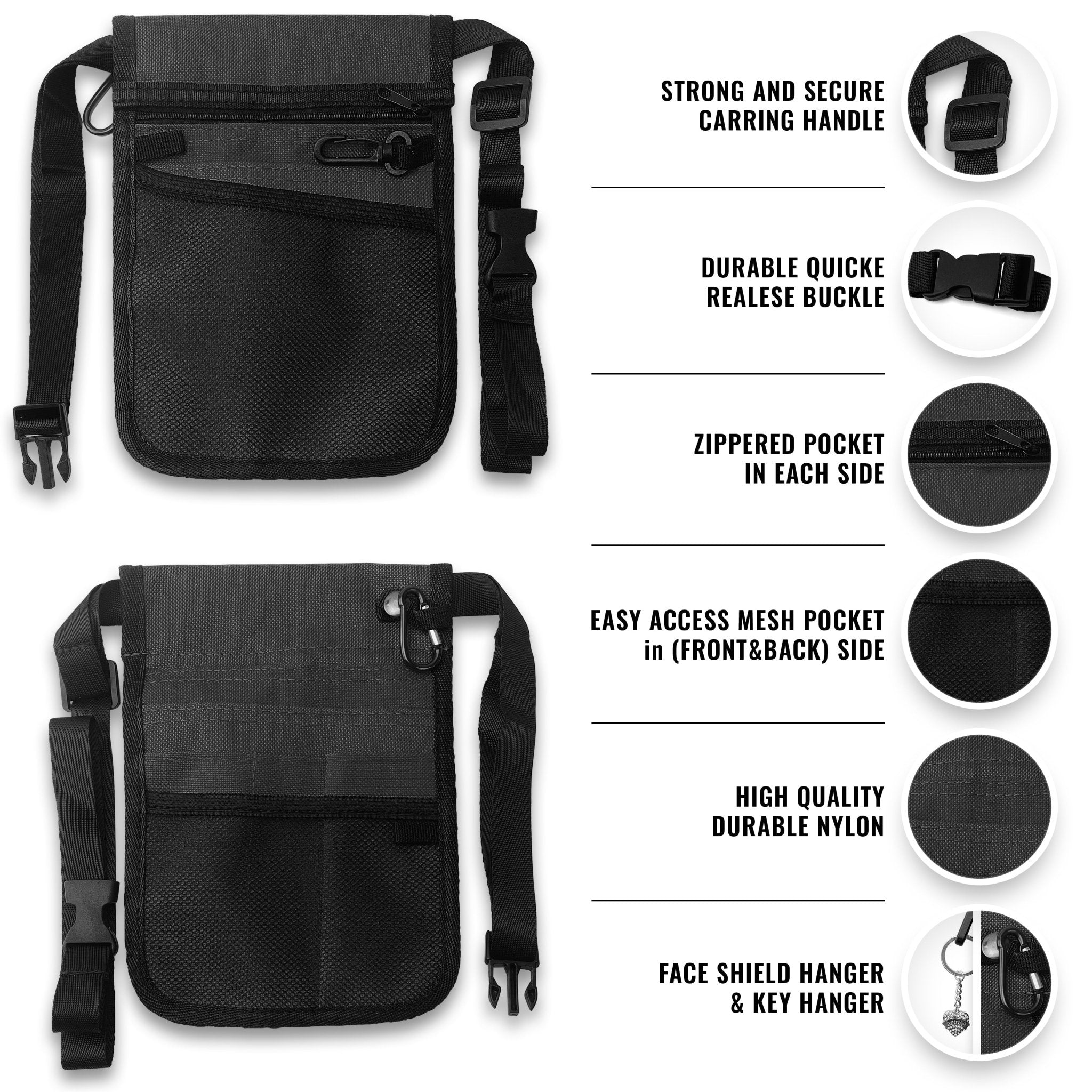 An infographic detailing a black nurse organizer belt pouch from both the front and back. Highlighted features include a secure carrying handle, a quick-release buckle, zippered pockets on each side, easy-access mesh pockets on the front and back, and hangers for a face shield or keys.
