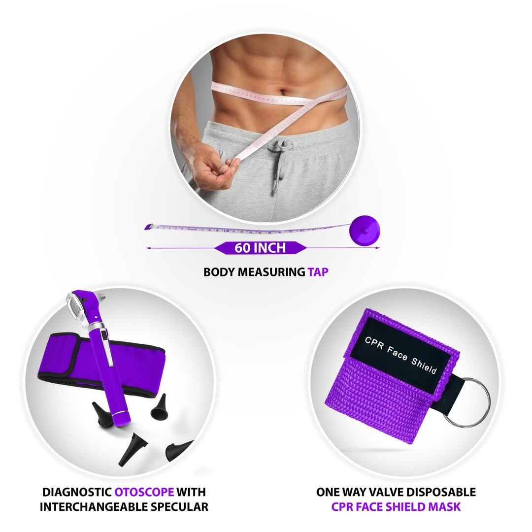 An infographic featuring three additional purple medical tools: a 60-inch retractable body measuring tape, a diagnostic otoscope with interchangeable specular tips, and a one-way valve disposable CPR face shield mask keychain.