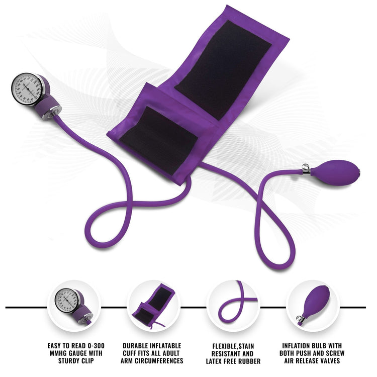 A product infographic for a purple manual blood pressure monitor. It displays the silver gauge, purple cuff, and purple inflation bulb. Key features noted at the bottom include an easy-to-read 0-300 mmHg gauge with a sturdy clip, an adult-sized inflatable cuff, and a bulb with push and screw air release valves.