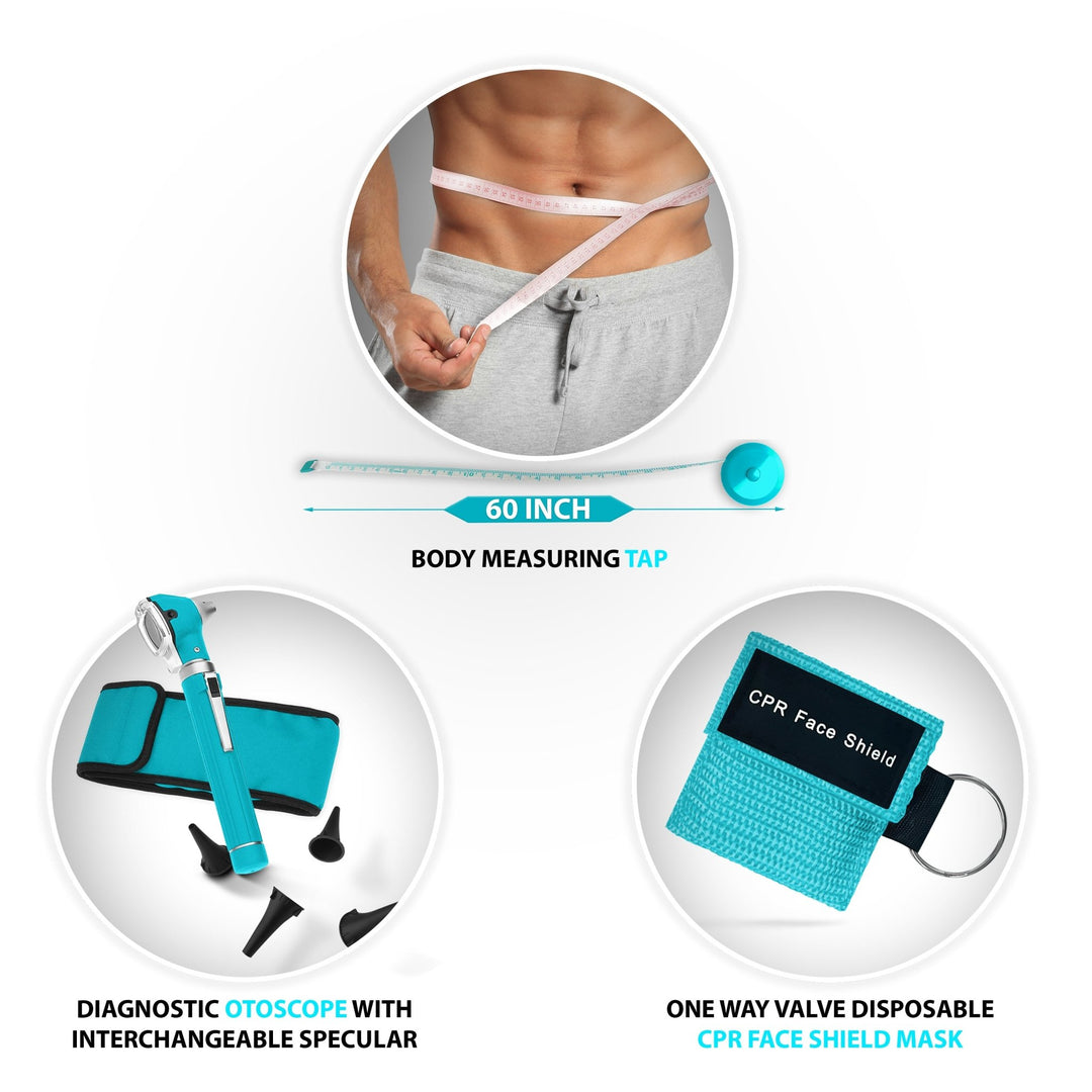 An infographic featuring three additional teal medical tools: a 60-inch retractable body measuring tape, a diagnostic otoscope with interchangeable specular tips, and a one-way valve disposable CPR face shield mask keychain.