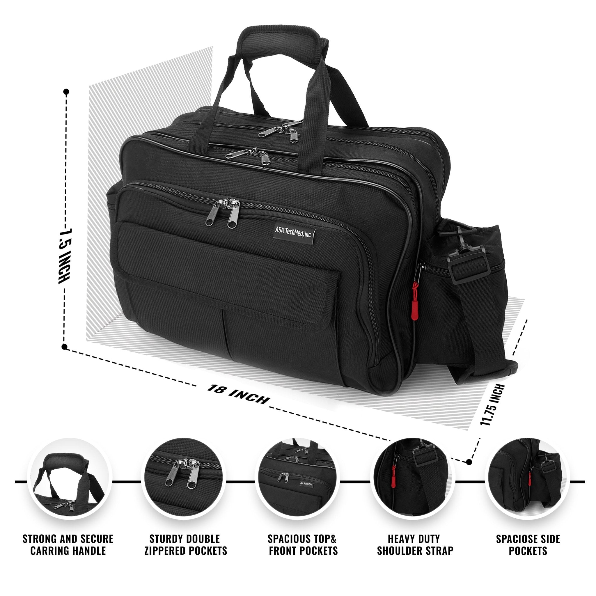 An informational graphic for a black medical bag showing its dimensions as 18 inches long, 11.75 inches wide, and 11.5 inches high. Circular insets at the bottom highlight features including a "strong and secure carring handle," "sturdy double zippered pockets," "spacious top & front pockets," a "heavy duty shoulder strap," and "spaciose side pockets".