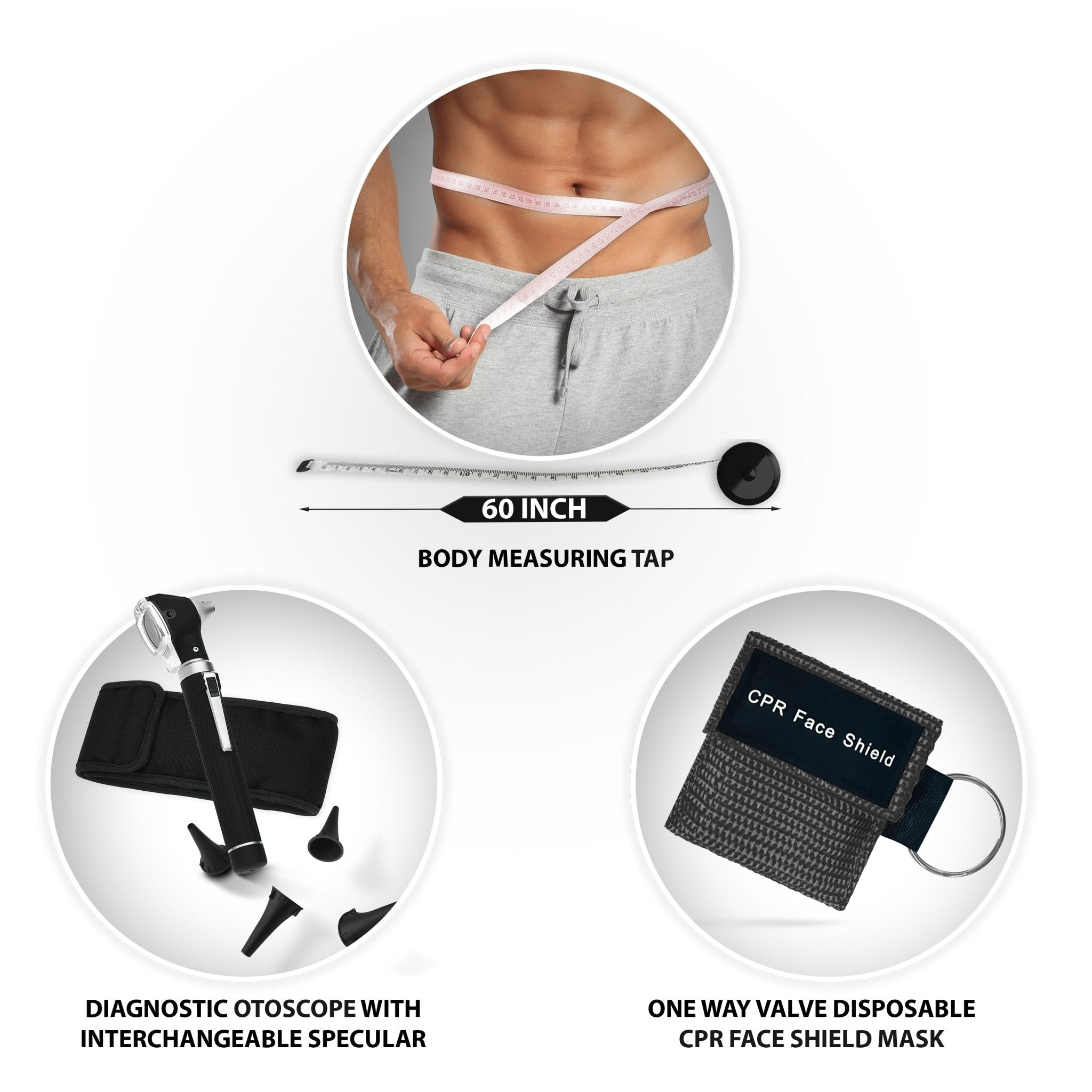An infographic featuring three additional black medical tools: a 60-inch retractable body measuring tape, a diagnostic otoscope with interchangeable specular tips, and a one-way valve disposable CPR face shield mask keychain.