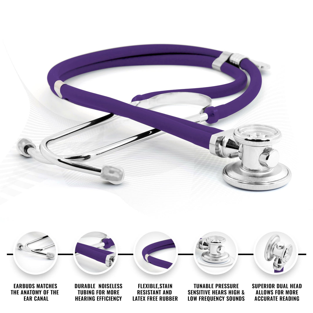 A product infographic for a purple Sprague Rappaport dual-head stethoscope showing it has a length of 31 inches. Features listed at the bottom include earbuds that match the anatomy of the ear canal, durable noiseless tubing, flexible stain-resistant and latex-free rubber, and a tunable pressure-sensitive head for hearing high and low-frequency sounds.
