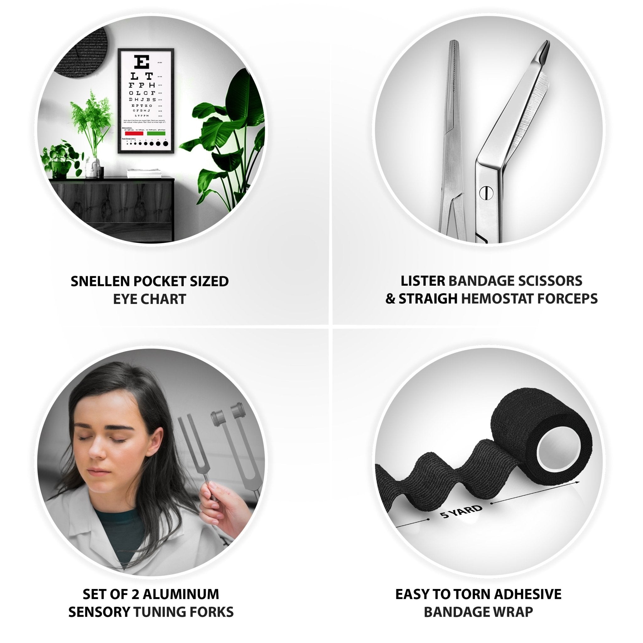 A four-panel infographic showcasing various black-themed medical accessories. The top panels show a pocket-sized Snellen eye chart and silver Lister bandage scissors with straight hemostatic forceps. The bottom panels display a person using an aluminum sensory tuning fork and a roll of 5-yard black self-adhesive bandage wrap.