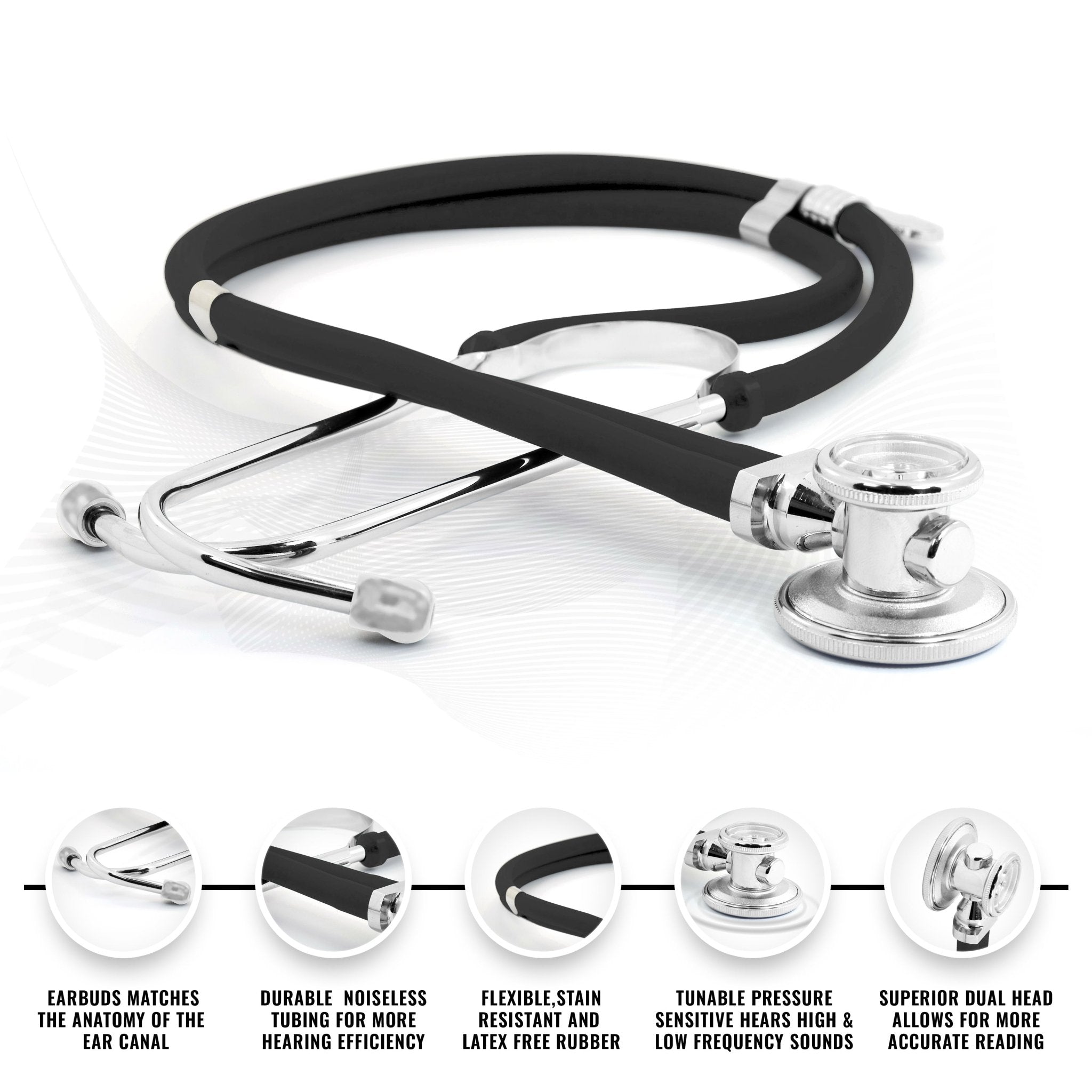 A product infographic for a black Sprague Rappaport dual-head stethoscope showing it has a length of 31 inches. Features listed at the bottom include earbuds that match the anatomy of the ear canal, durable noiseless tubing, flexible stain-resistant and latex-free rubber, and a tunable pressure-sensitive head for hearing high and low-frequency sounds.