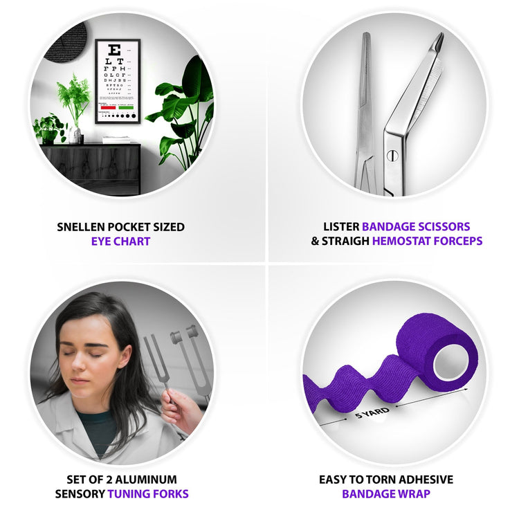 A four-panel infographic showcasing various purple-themed medical accessories. The top panels show a pocket-sized Snellen eye chart and silver Lister bandage scissors with straight hemostatic forceps. The bottom panels display a person using an aluminum sensory tuning fork and a roll of 5-yard purple self-adhesive bandage wrap.