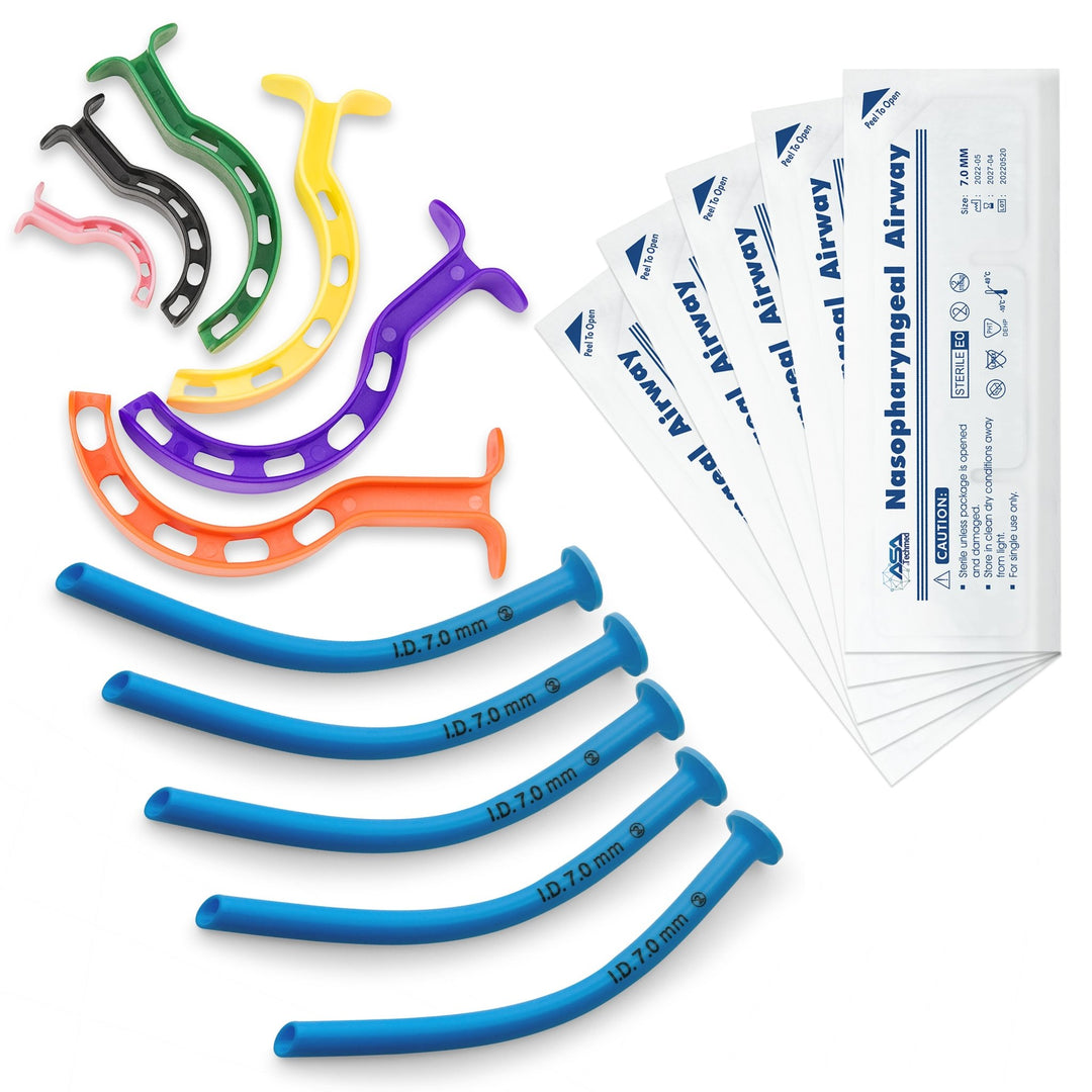 A full product set display featuring six color-coded oropharyngeal airways (sizes ranging from pink to orange), five blue 7.0mm nasopharyngeal airways, and five sterile individual peel-packs for the nasal airways.