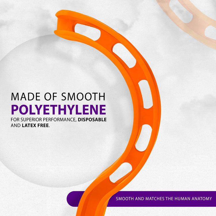 Close-up profile of an orange oropharyngeal airway showing its curved shape and hollow side slots. Text highlights "MADE OF SMOOTH POLYETHYLENE" and notes it is "DISPOSABLE AND LATEX FREE." A banner at the bottom states it "matches the human anatomy."